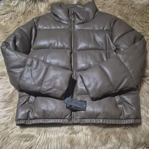 Sebby Tan Brown Faux Leather Puffer Jacket Coat